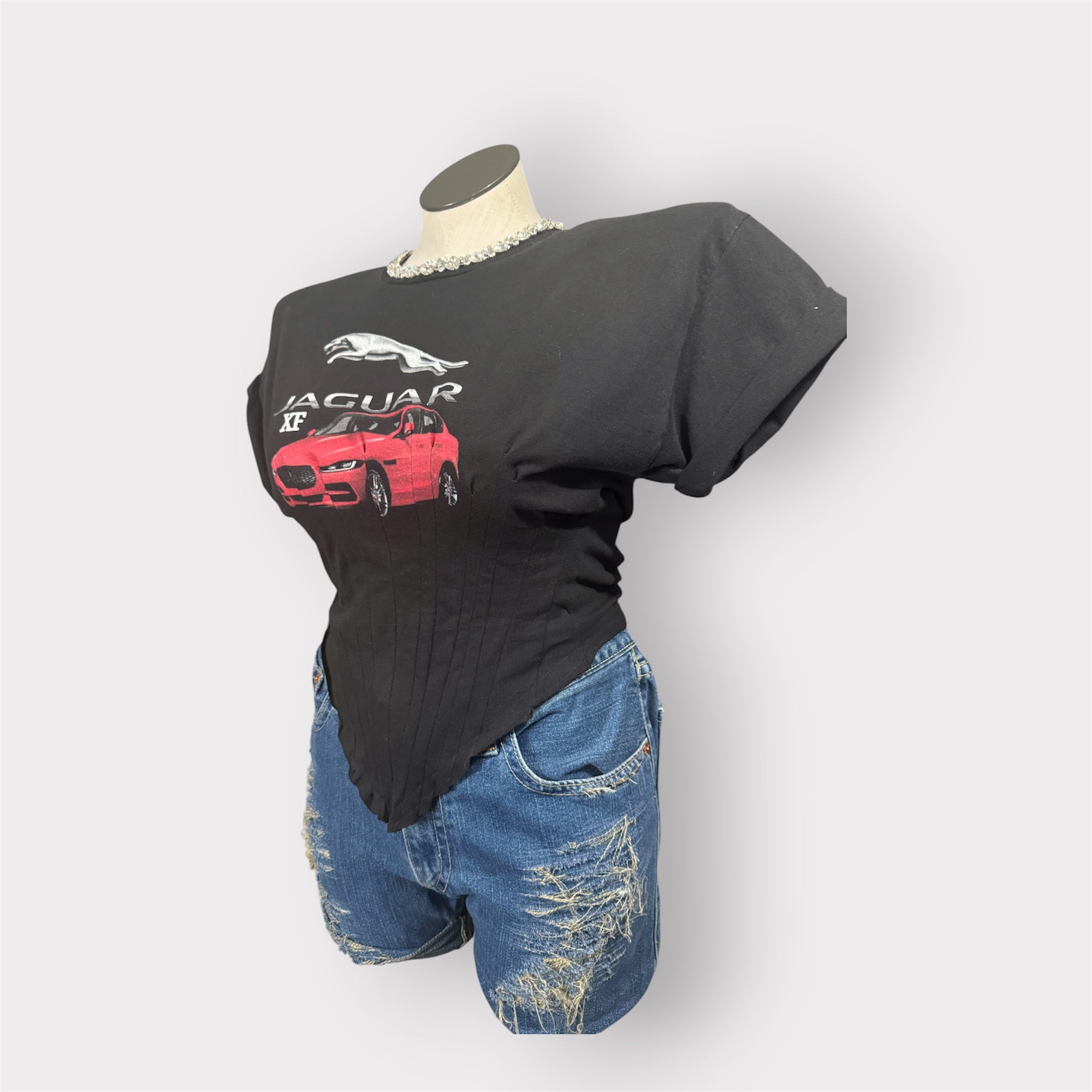 Padded Shoulder Corset Style Tee w Rhinestone Neckline