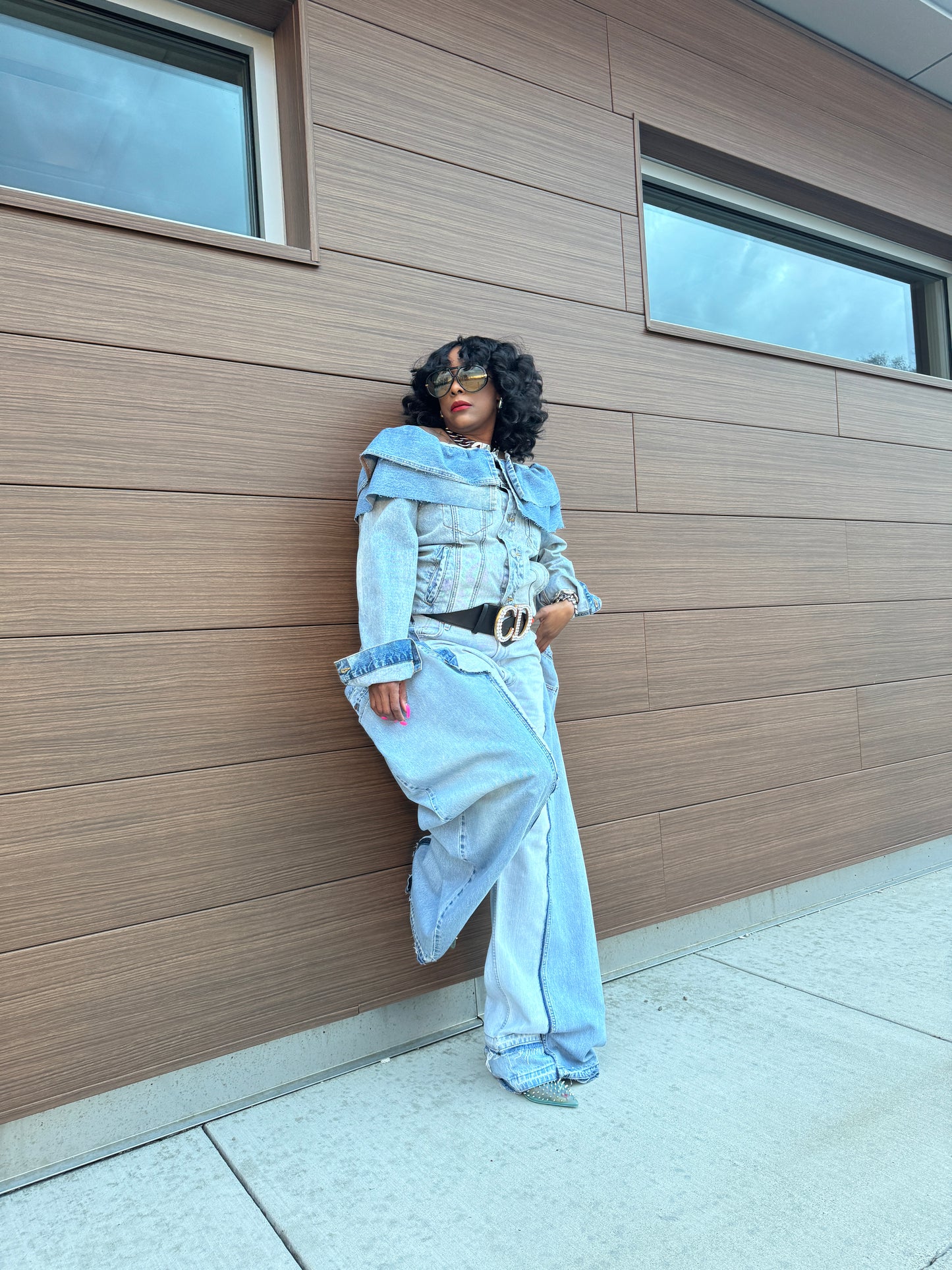 Double Denim Chap Style Wide Leg Jeans