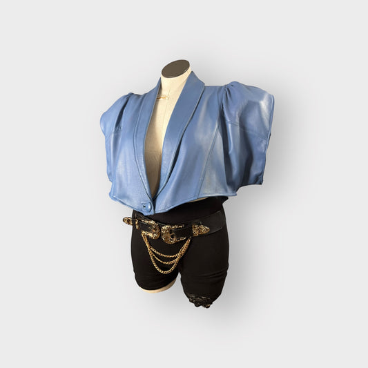 Blue power shoulder leather cropped jacket
