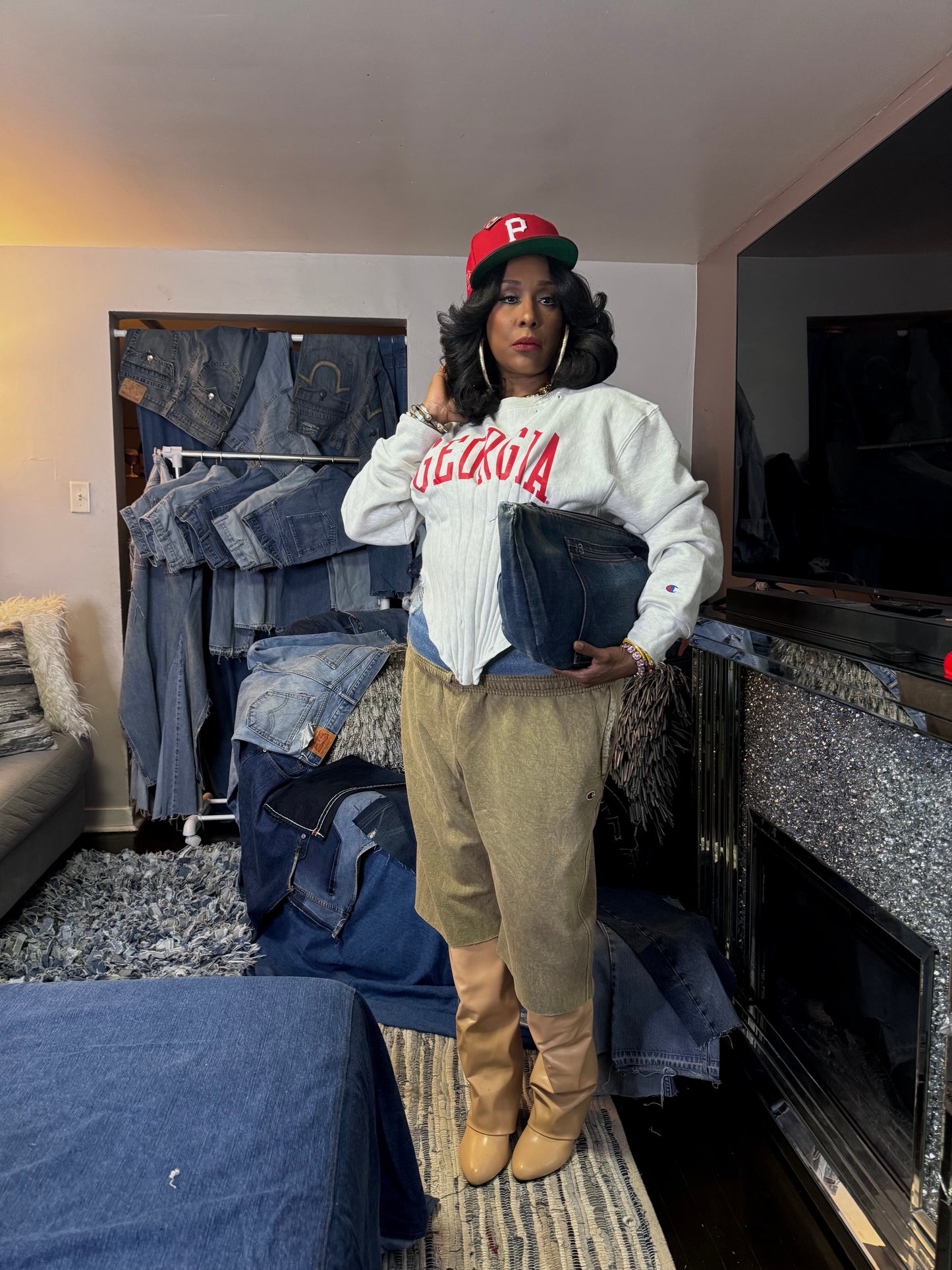 Denim Double Waist Jort Style Joggers