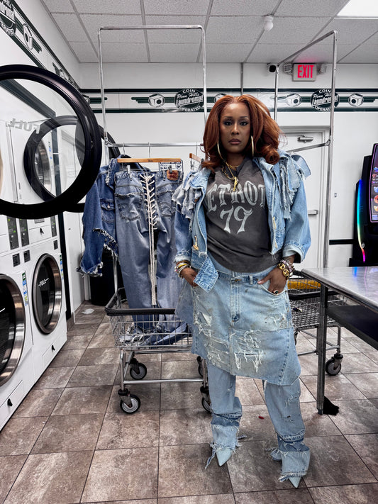 Distressed Denim Over Skirt Jeans