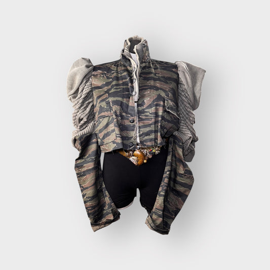 Tiger Stripped Cropped Camo Sweater Sleeve Shacket