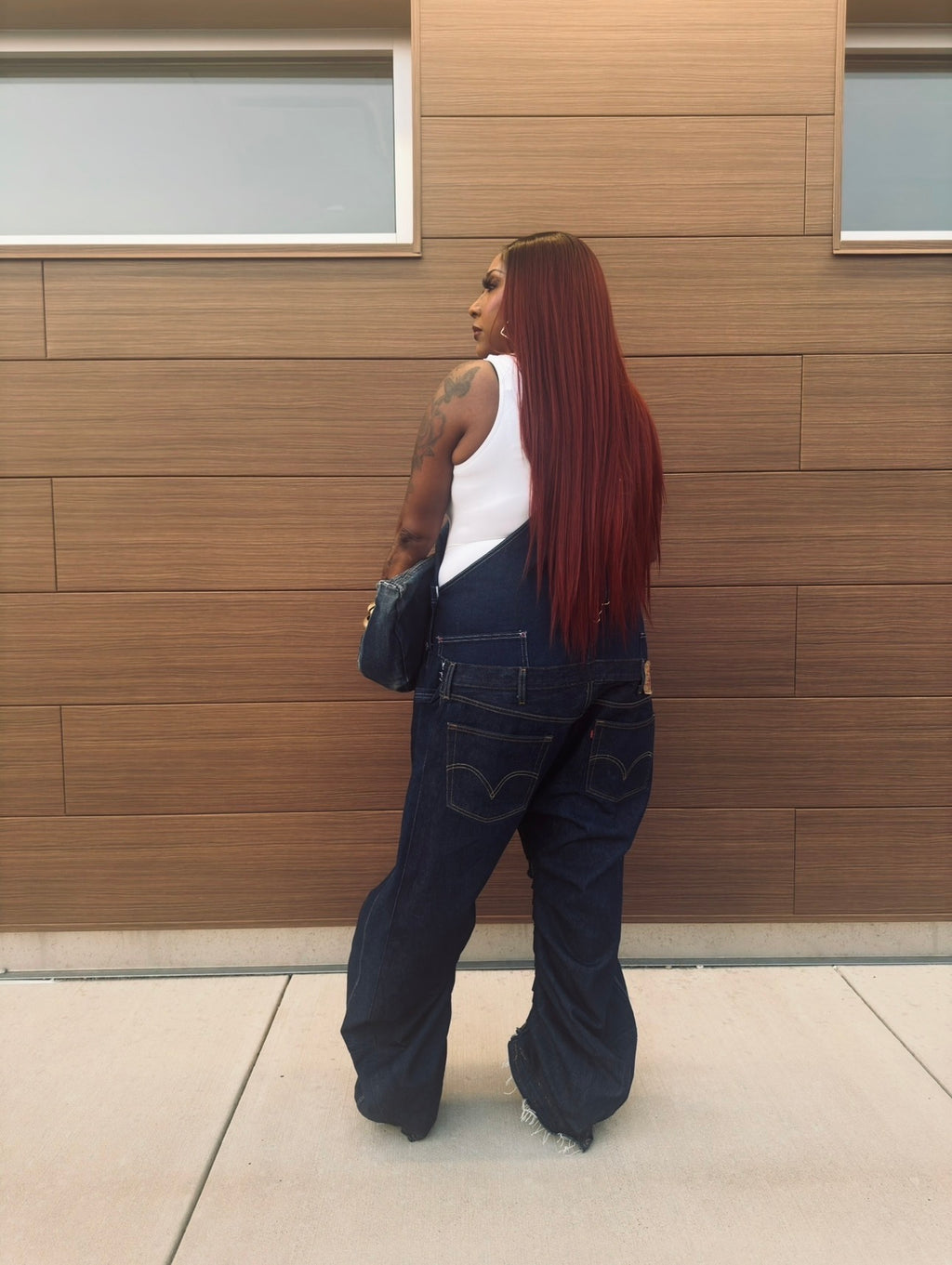 Double Denim Drop Crotch Inverted Barrel Overalls