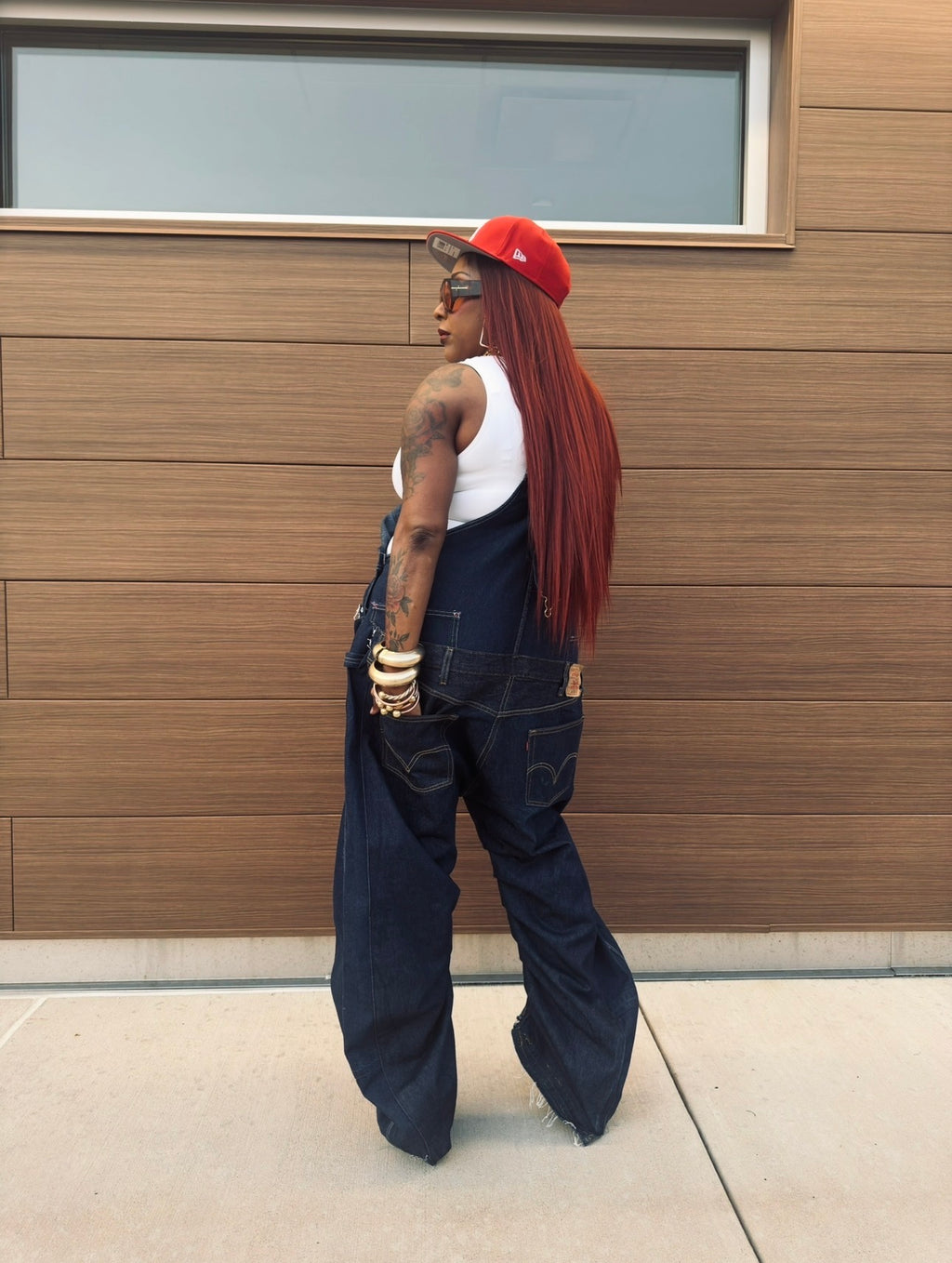 Double Denim Drop Crotch Inverted Barrel Overalls