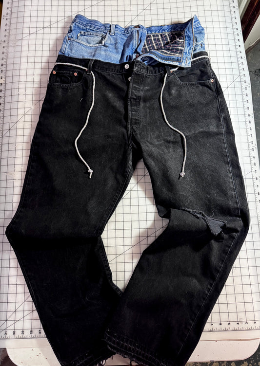 Ash Black Double Denim Distressed Jeans