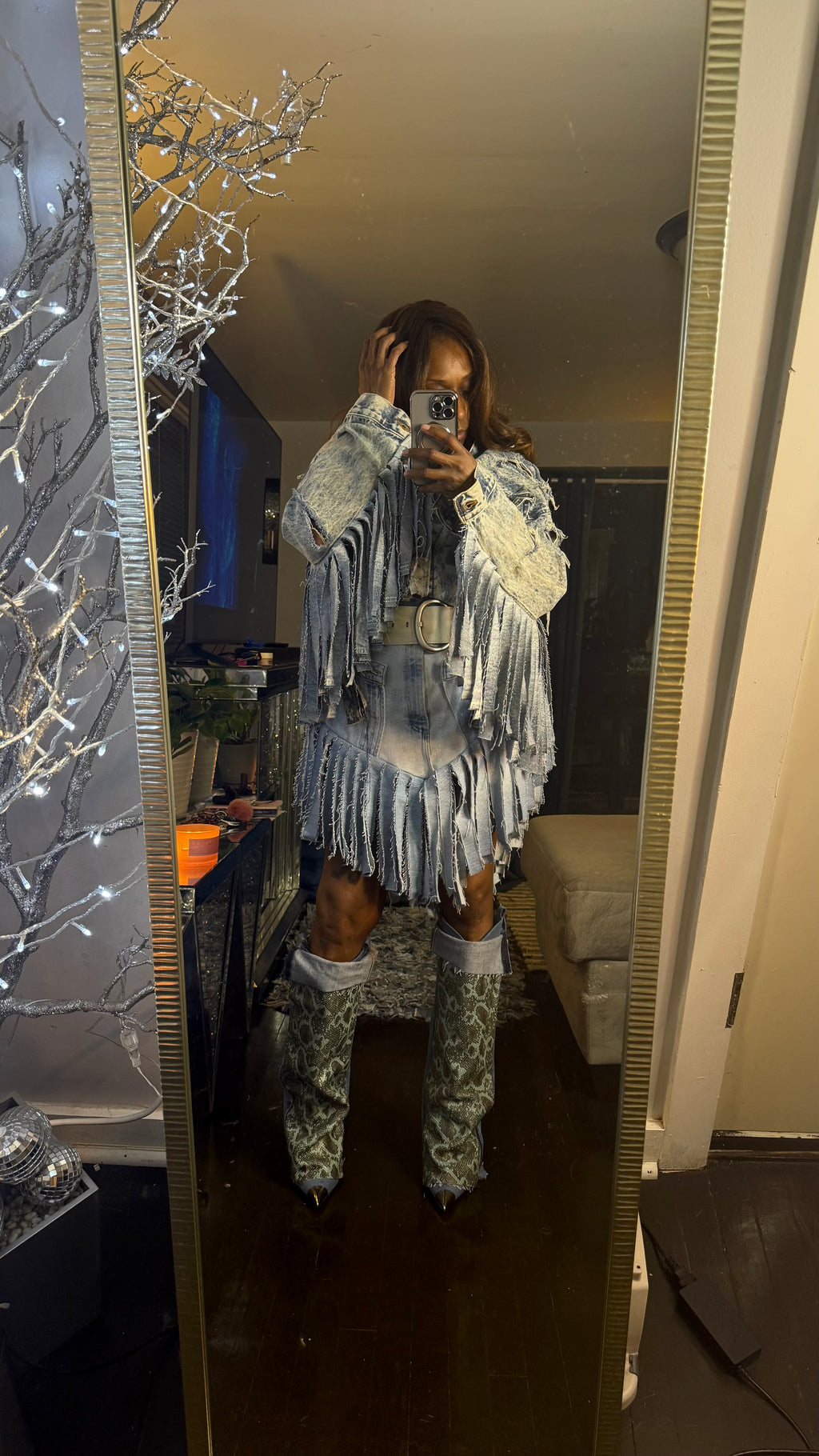 Double Denim Cowgirl Fringe Skirt