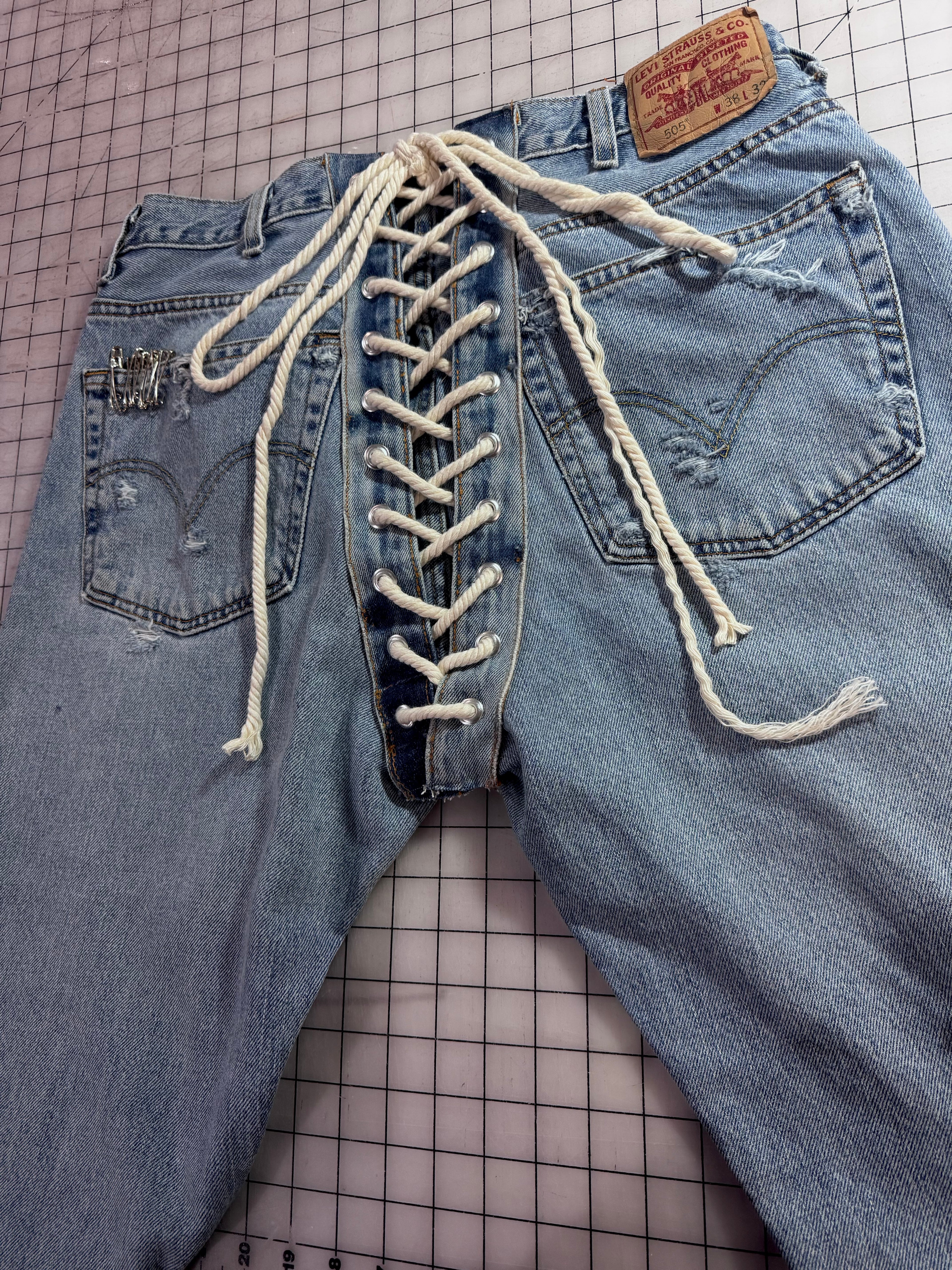 Distressed Denim Corset Back Jeans