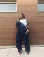 Double Denim Drop Crotch Inverted Barrel Overalls