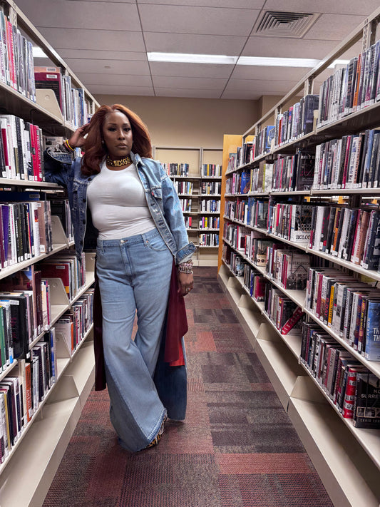 Denim Wide Leg Jeans with Leather Flare Sides