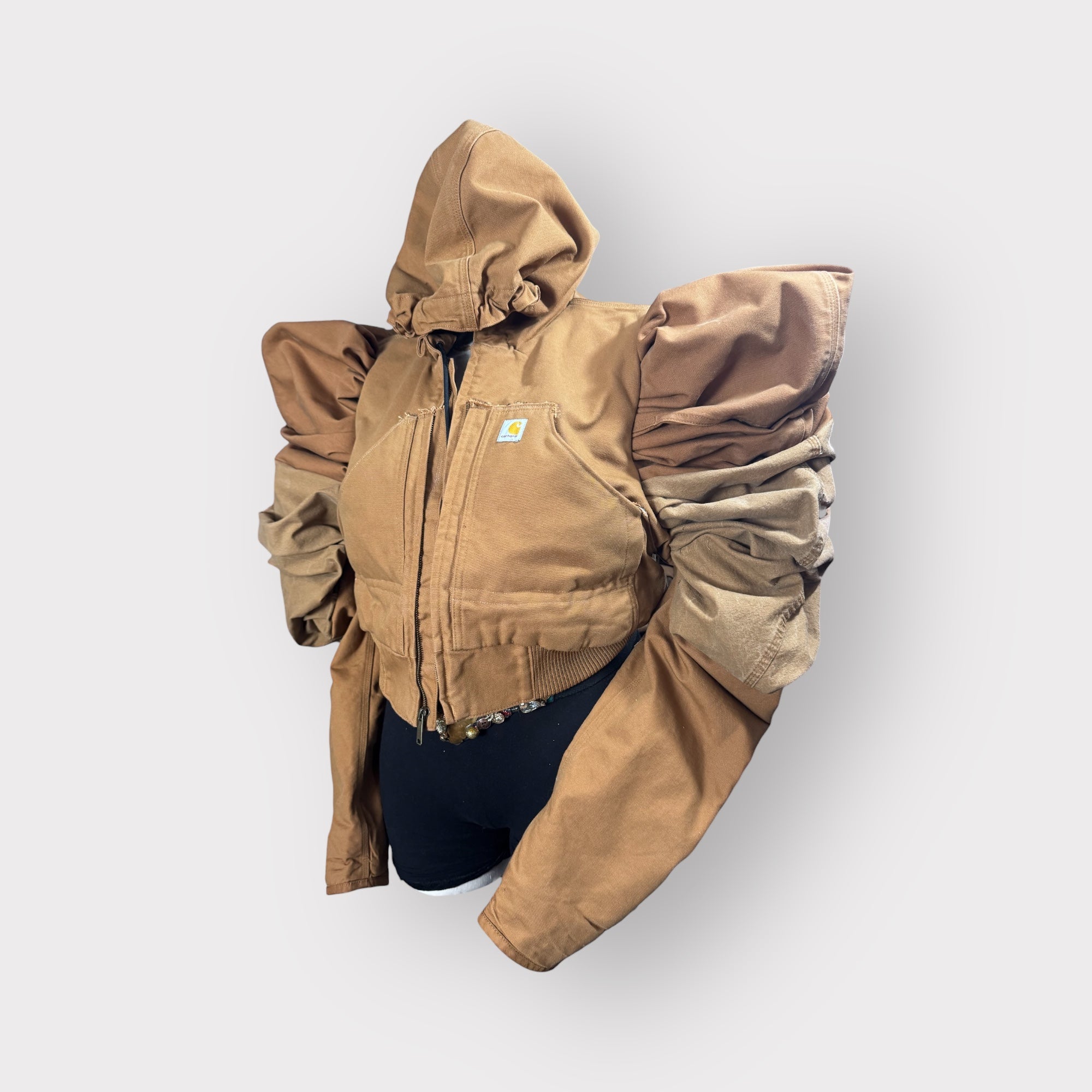Workwear to Runway Hooded Cropped Puff Sleeve Bomber