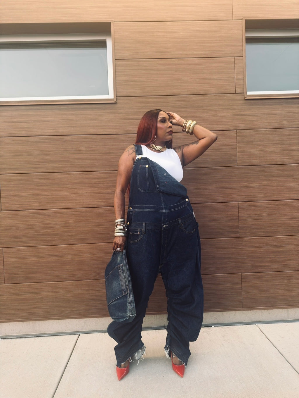 Double Denim Drop Crotch Inverted Barrel Overalls