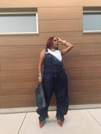 Double Denim Drop Crotch Inverted Barrel Overalls