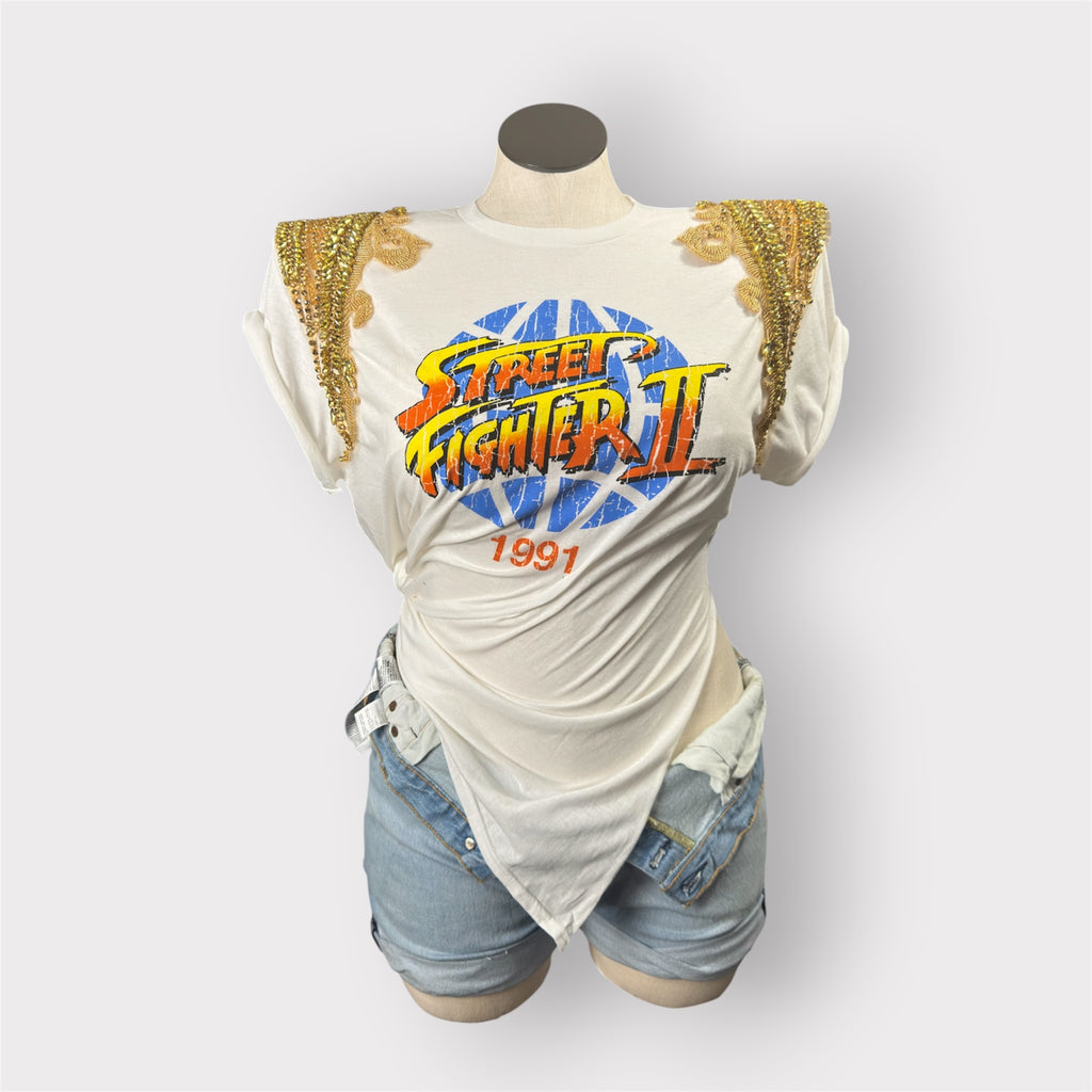 Nostalgic Street Couture Crystal Shoulder Asymmetrical Tee
