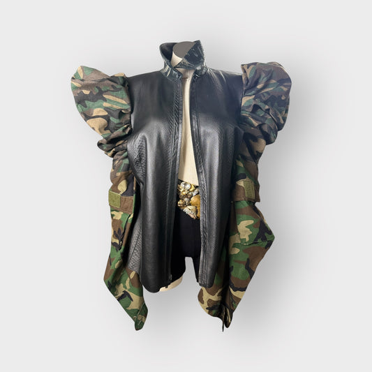 Double Take Leather Puff Sleeve Camo Jacket