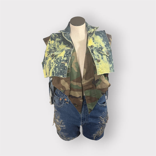 Two Toned Camo n Denim Fringe Vest