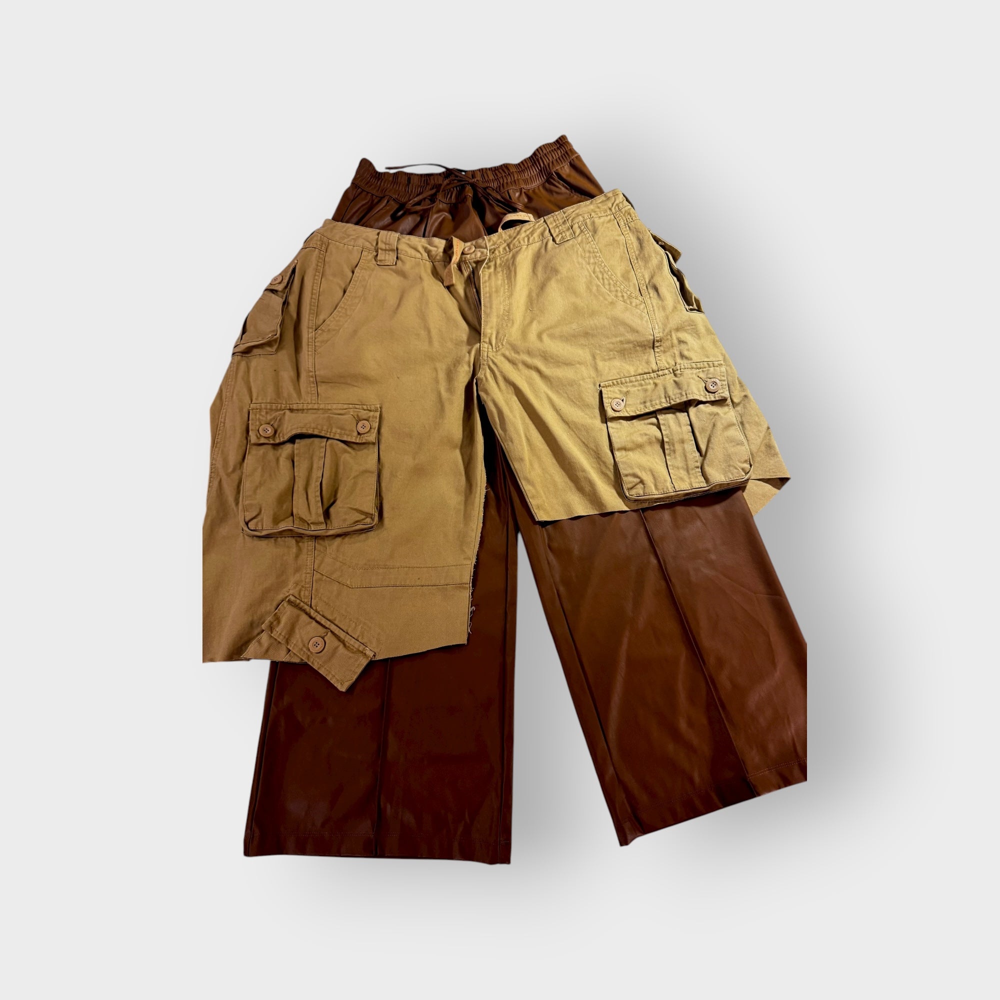 Faux Leather n Cargo Overlay Wide Leg Trousers