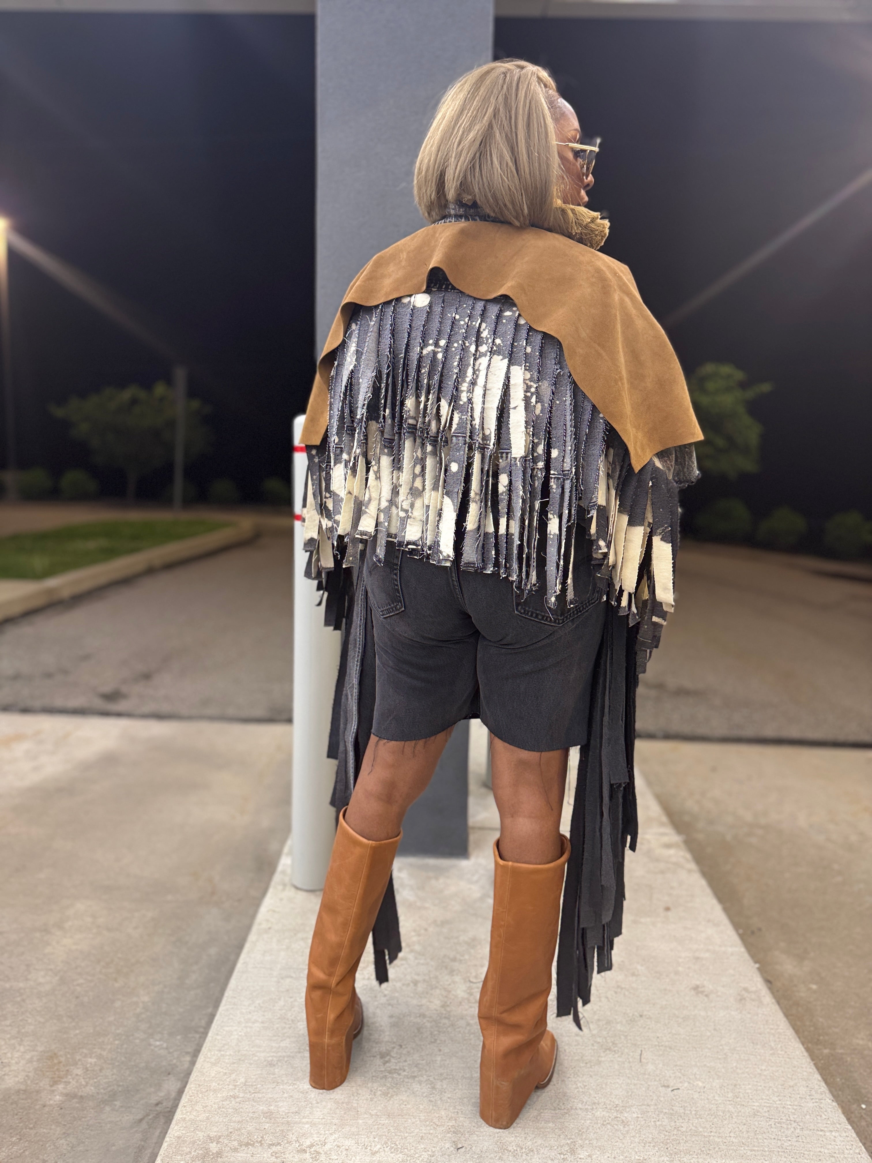 Distressed Denim Cropped Fringe Jacket
