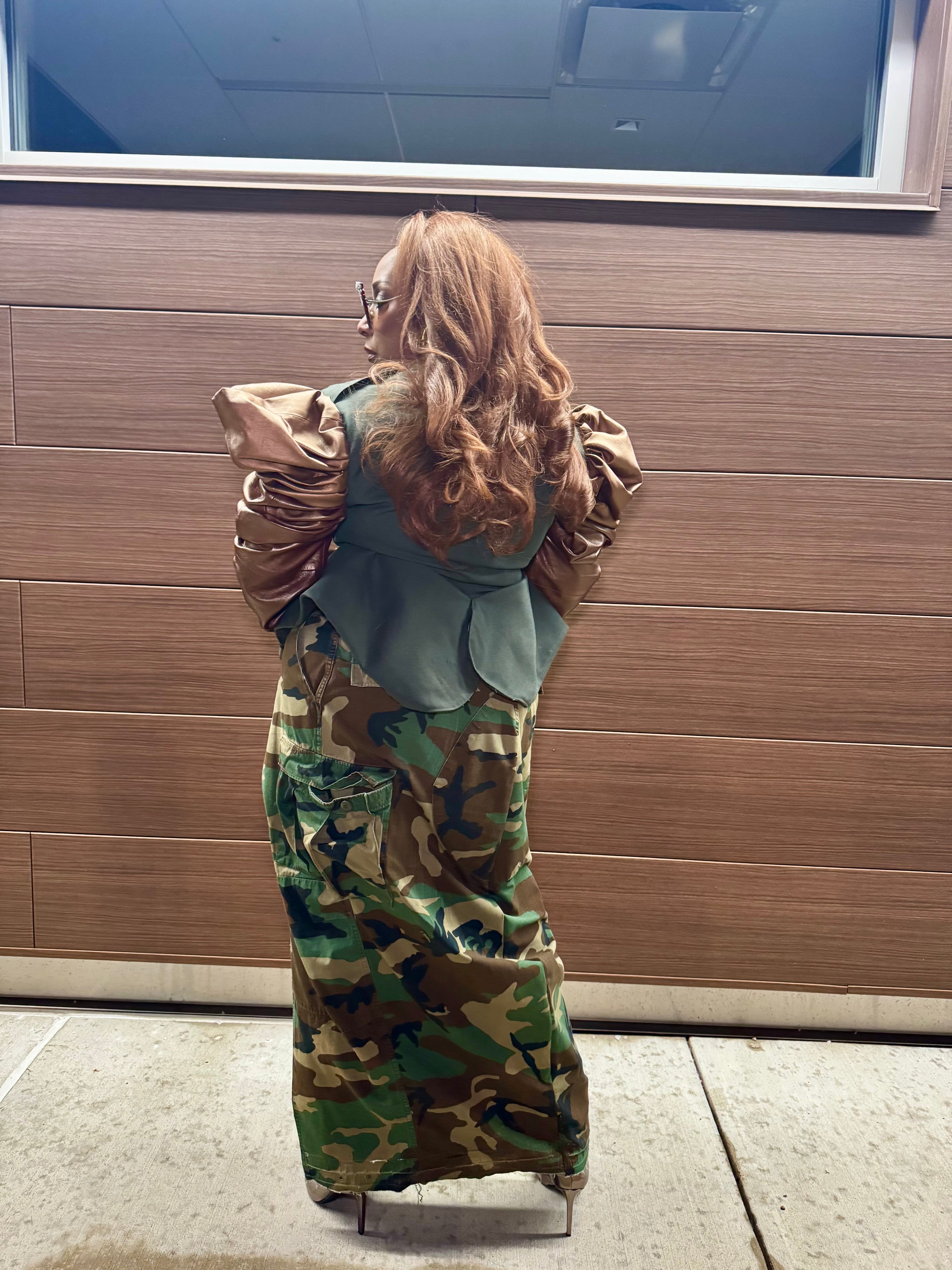 Military Couture Peplum Jacket w Leather Puff Sleeves