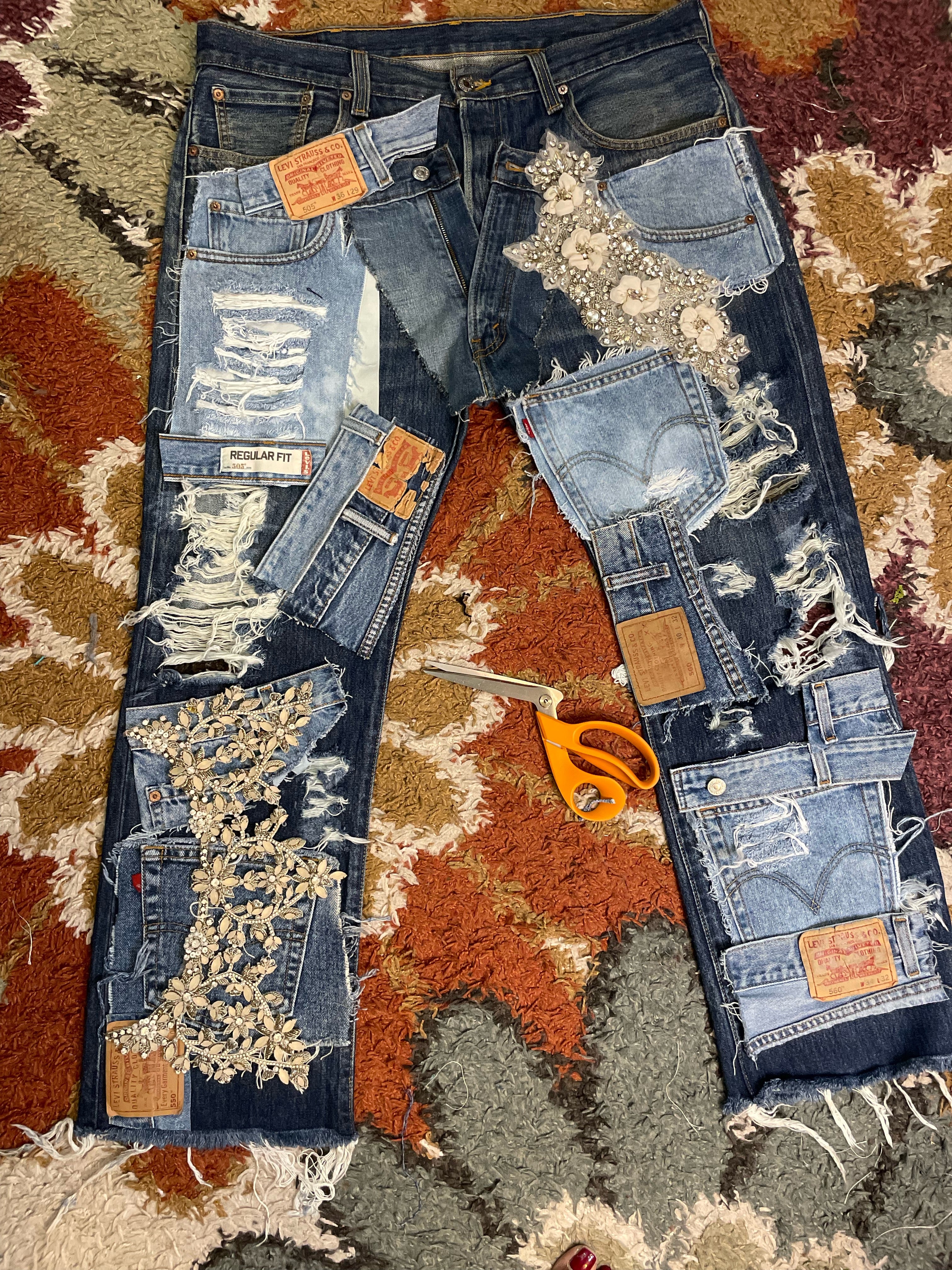 Distressed Denim Patchwork Jeans