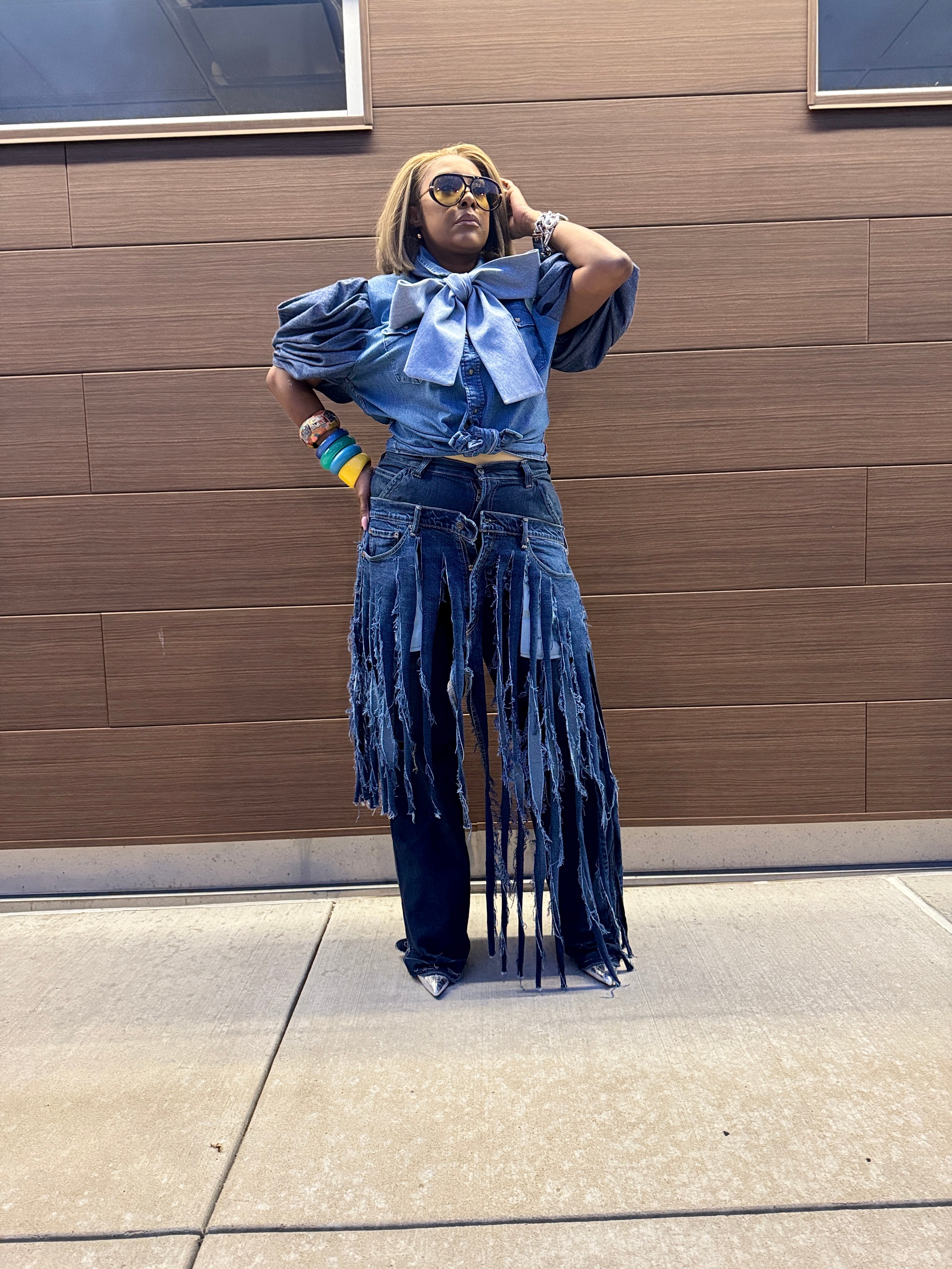 Two Toned Denim Power Bow Puff Sleeve Top