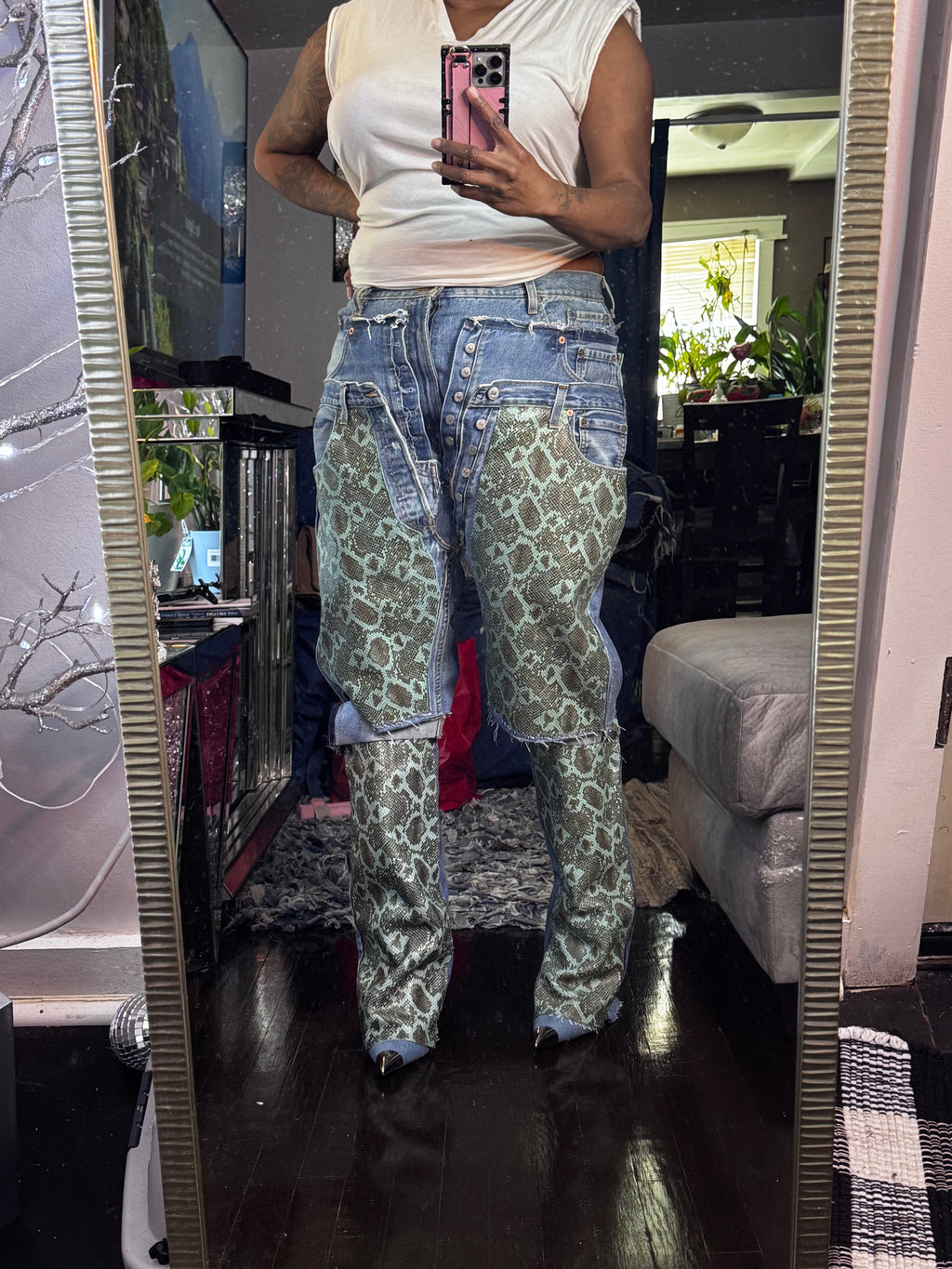 Triple Denim Cowgirl Couture Python Leather Jorts