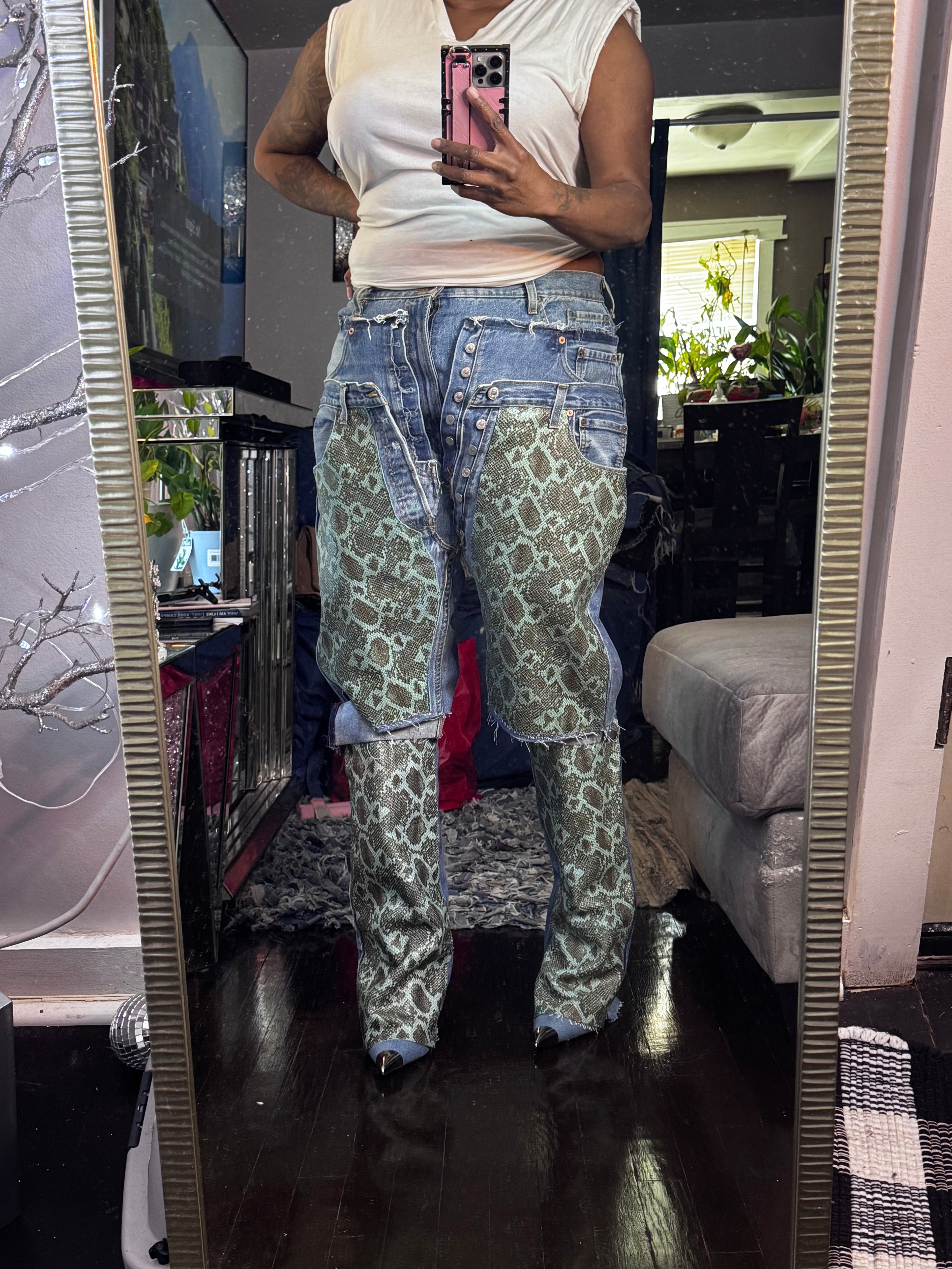 Triple Denim Cowgirl Couture Python Leather Jorts