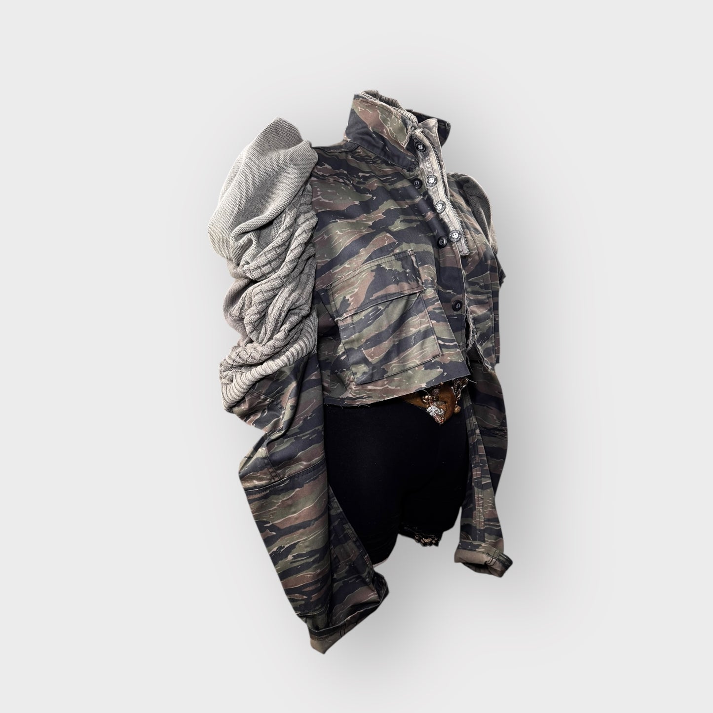 Tiger Stripped Cropped Camo Sweater Sleeve Shacket
