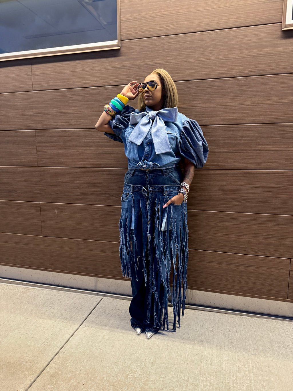 Two Toned Denim Power Bow Puff Sleeve Top