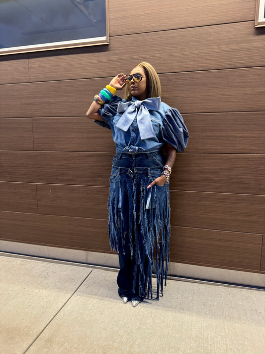 Two Toned Denim Power Bow Puff Sleeve Top