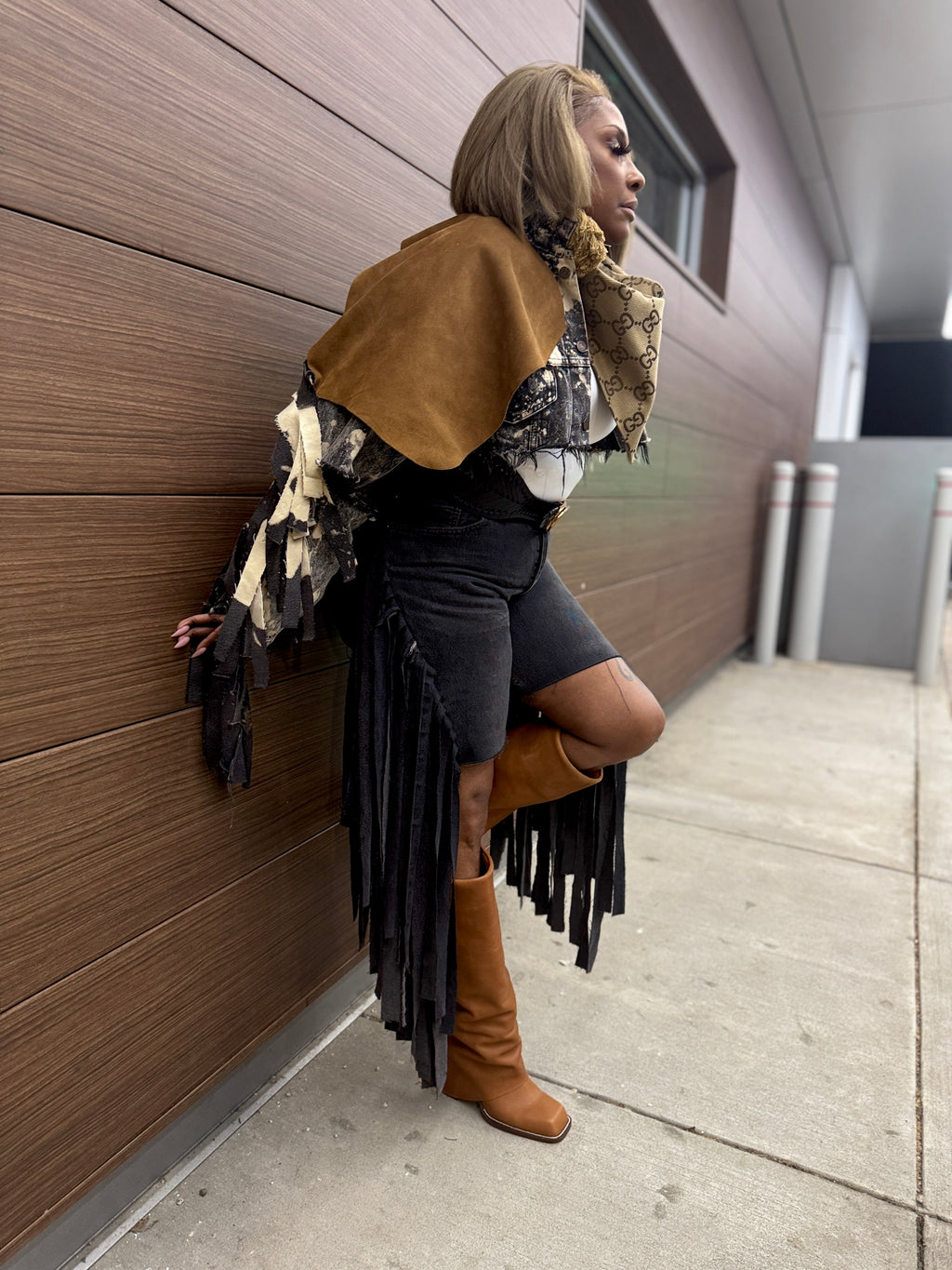 Distressed Denim Cropped Fringe Jacket
