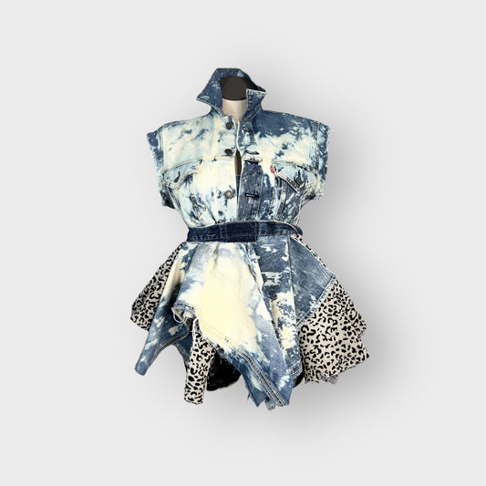 Distressed Denim n Leopard Peplum
