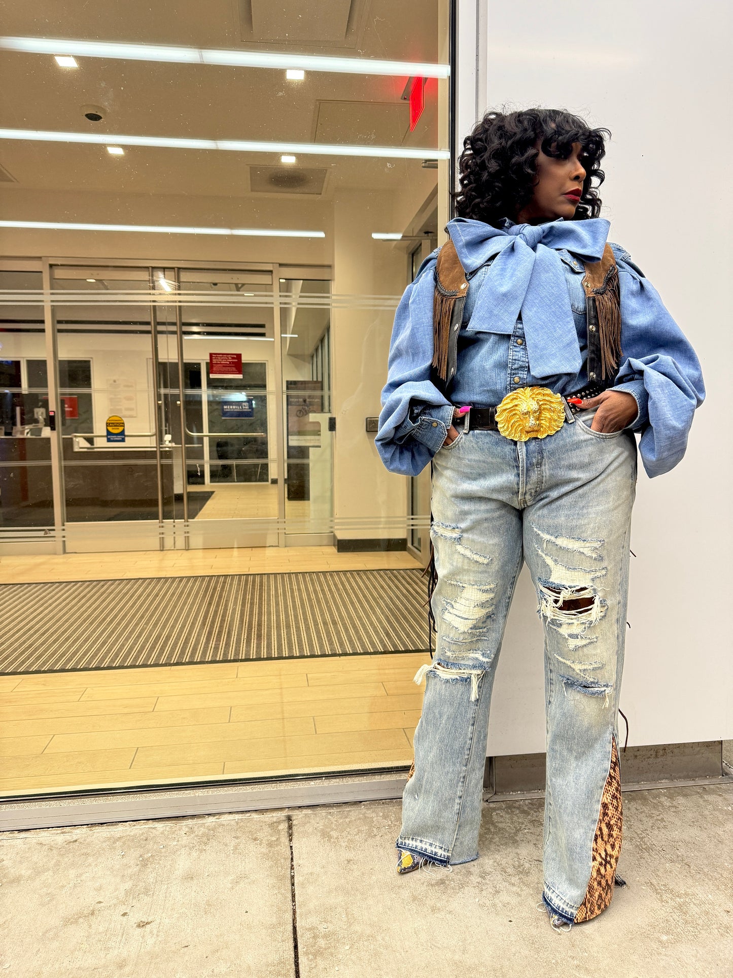 Custom Denim P Bow Western Style Top