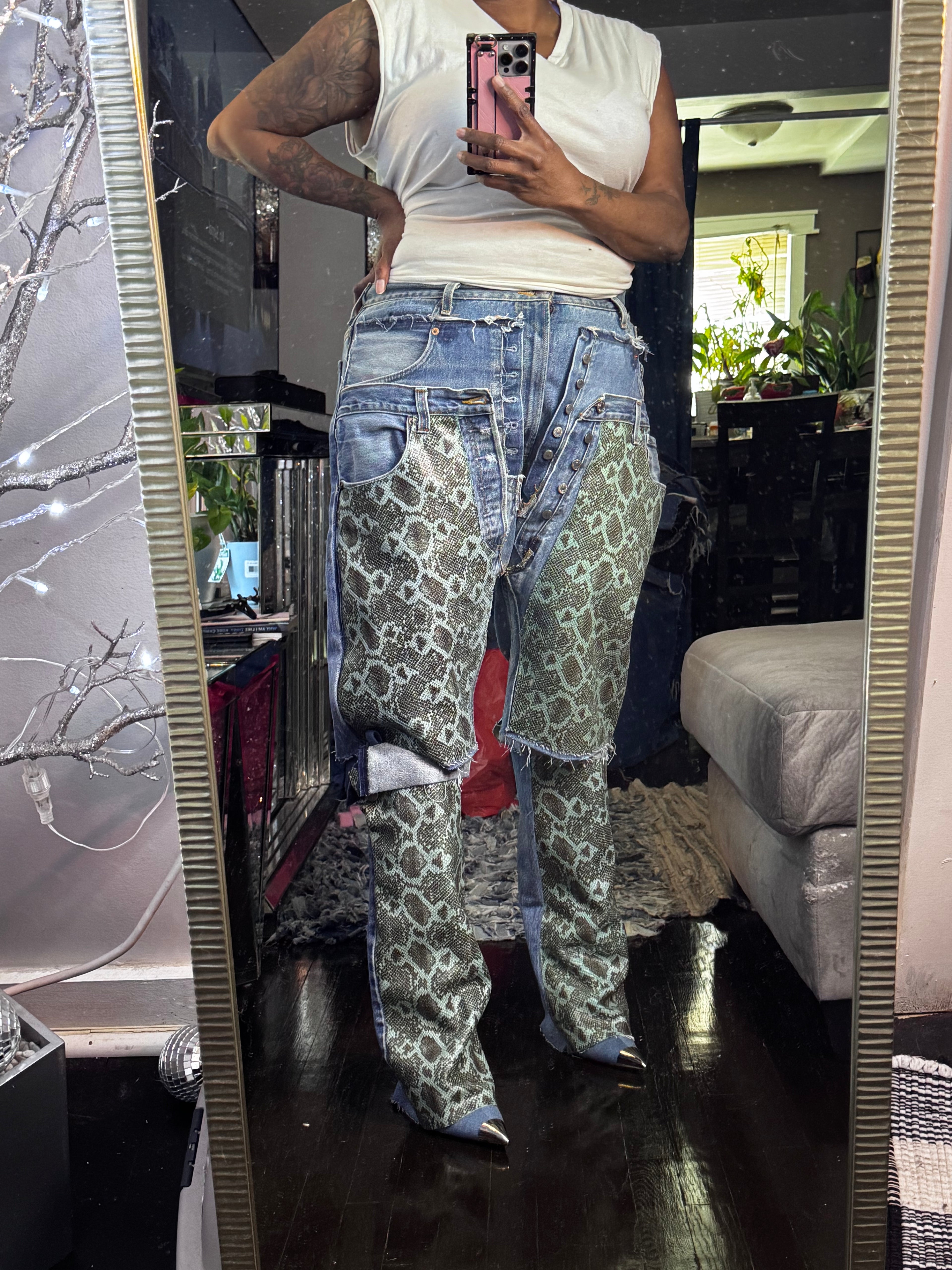 Triple Denim Cowgirl Couture Python Leather Jorts