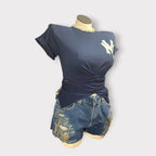 Crystal Neckline Padded Shoulder Wrap Tee