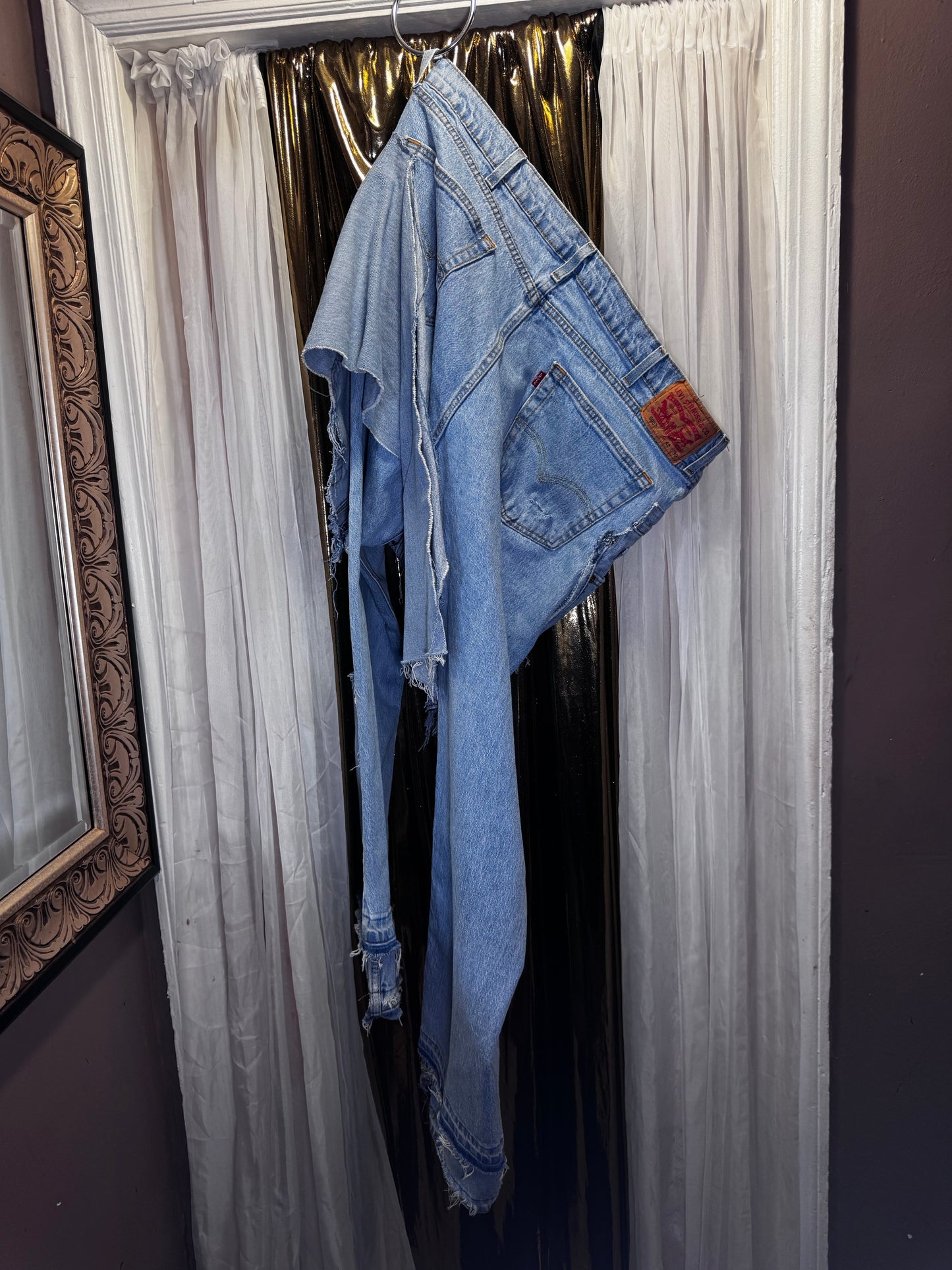 Distressed Denim Apron Style Overlay Jeans