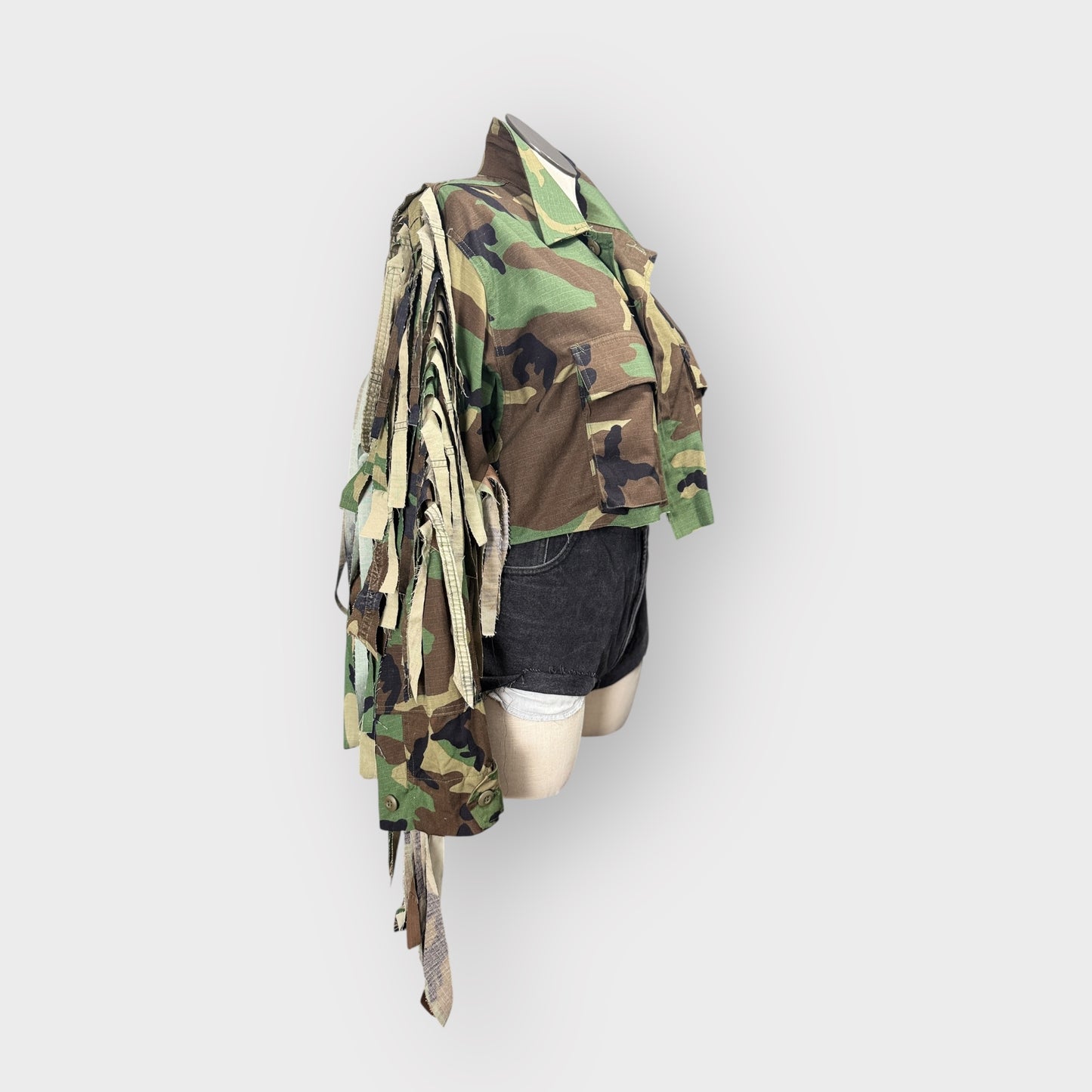 Cropped Fringe Camo Couture Jacket